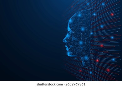 The digital interface of the mind. The profile of a human face transforms into a complex structure that mimics the tracks of a printed circuit board on a wall.