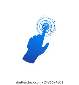 Digital interface. Neon blue one finger touch gesture vector illustration for using touch screen. Interface design element isolated on white background.