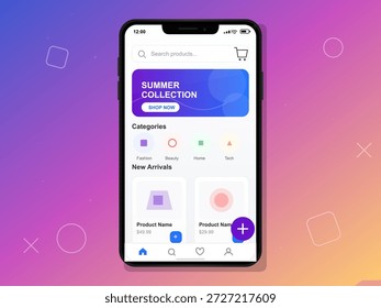 A digital interface on a smartphone displays a mobile app for online shopping, featuring summer collection items and categories including fashion, beauty, and tech products.