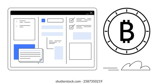 Digital interface showcasing a layout with various boxes, check marks, and chat bubbles beside a Bitcoin symbol. Ideal for fintech, cryptocurrency, blockchain, technology blogs, digital investments