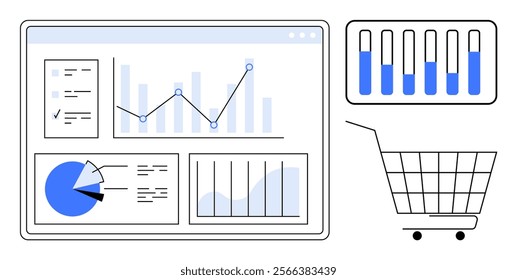 Digital interface showing multiple charts and graphs, including bar charts, line graphs, pie chart, and a shopping cart icon. Ideal for data analysis, e-commerce, business intelligence, market