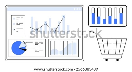 Digital interface showing multiple charts and graphs, including bar charts, line graphs, pie chart, and a shopping cart icon. Ideal for data analysis, e-commerce, business intelligence, market