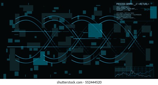 Digital interface showing process workflow. Thin lines oscillations and glitch compression artifacts on dark screen. Visualization of scientific experiment, interactive surface. Infographic template