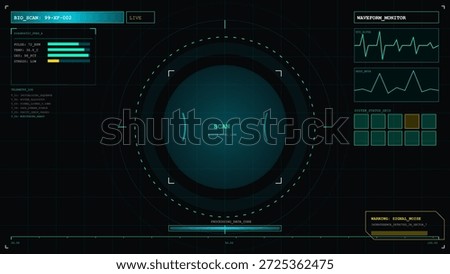 A digital interface shows a biological scan with various data points and a waveform monitor. The screen displays scan status and other relevant metrics.