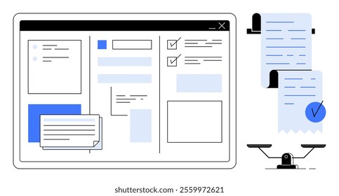 A digital interface shows document management with checklists and text fields alongside papers on a weighing scale. Ideal for productivity, organization, finance, office tasks, and project