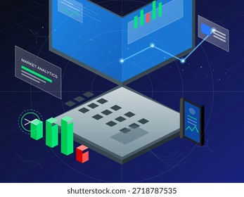Digital interface shows market analytics with colorful charts and data visuals. The design features a grid layout and graphs for analysis.