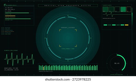 Una interfaz digital muestra los resultados del escaneo médico con objetivos bloqueados. Los signos vitales se muestran junto a secuencias y métricas en verde sobre un fondo negro.