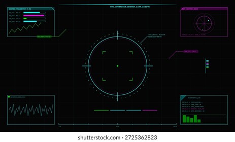 A digital interface shows metrics including graphs and waveforms. Various data points are highlighted, indicating active monitoring and analysis of information.