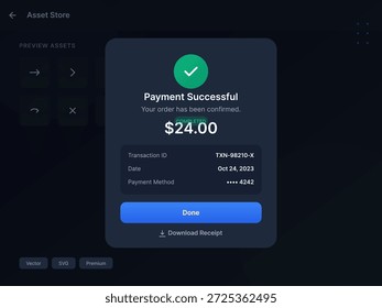 Digital interface shows a payment successful screen with transaction ID, order amount, date, and payment method details. Ideal for e-commerce or finance illustrations.