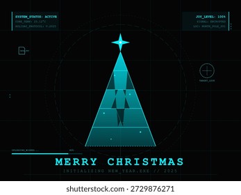 Uma interface digital mostra uma árvore de Natal estilizada com uma saudação. A mensagem é colocada contra um fundo escuro e tem uma aparência futurista.