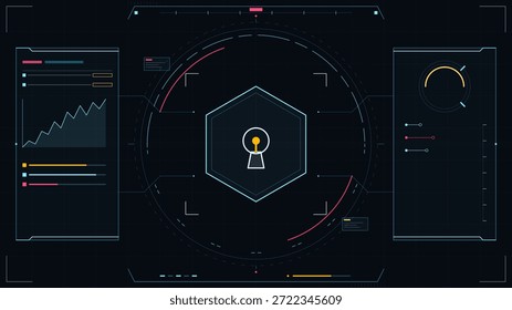 A digital interface shows various metrics and analytics, including a graph, circular gauge, and key performance areas. This display is likely used for a tech presentation or analysis.