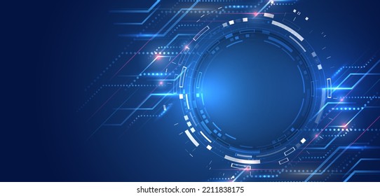 Digital internet communication on blue background. Wide Cyber security internet and networking concept. Hi-tech vector illustration with various technology elements. Abstract global sci fi concept.
