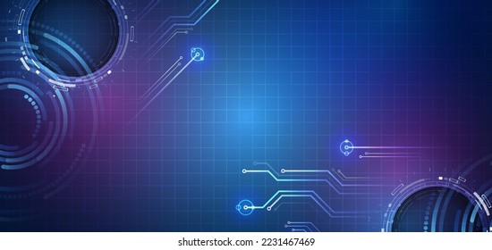 Comunicación digital en Internet sobre fondo azul. El concepto de Internet y de redes de ciberseguridad. Ilustración vectorial de alta tecnología con varios elementos tecnológicos. Resumen del concepto global de ciencia ficción.