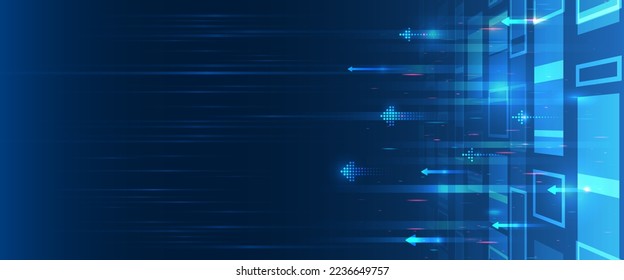 Digital internet communication on blue background. Wide Cyber security internet and networking concept. Hi-tech vector illustration with various technology elements. Abstract global sci fi concept.