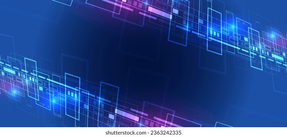 Digital internet communication on blue background. Wide Cyber security internet and networking concept. Hi-tech vector illustration with various technology elements. Abstract global sci fi concept.