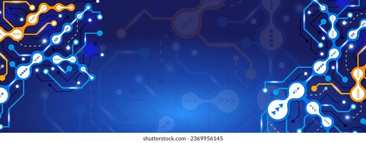 Digital internet communication on blue background. Wide Cyber security internet and networking concept. Hi-tech vector illustration with various technology elements. Abstract global sci fi concept.