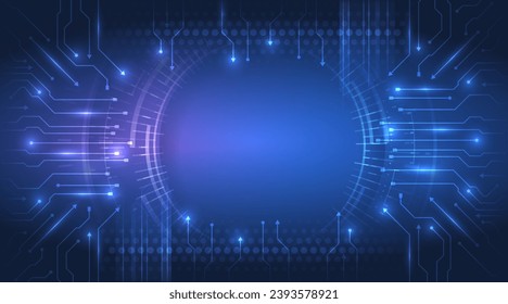 Digital internet communication on blue background. Wide Cyber security internet and networking concept. Hi-tech vector illustration with various technology elements. Abstract circuit board.