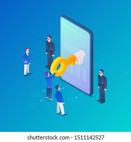 Digital Internet Security Isometric vector illustration concept. Key in Mobile Phone Smartphone with guardians. People standing around