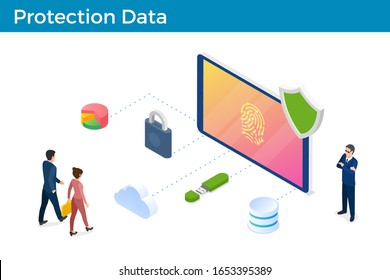 Digital Internet Security Isometric vector illustration concept. People Access by Fingerprint in Mobile Phone Smartphone with guardian. 