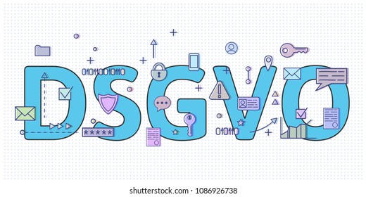 Digital and internet symbols in front of DSGVO letters. General Data Protection Regulation. GDPR, RGPD, DSGVO. Concept vector illustration. Flat style. Horizontal