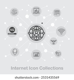 Un conjunto de iconos con temas digitales de Internet que presenta símbolos como 5G, conectividad global, análisis, Wi-Fi, tecnología de drones, análisis de datos e interfaces táctiles, que representan la comunicación digital moderna