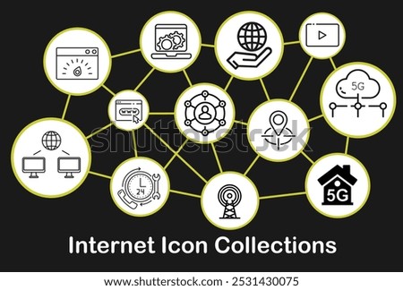 A digital internet-themed icon set featuring symbols like 5G, cloud storage, web browsing, communication, customer support, global networking, and location tracking, representing modern technology