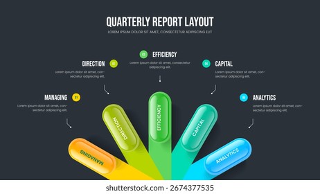 Introdução digital modelo de apresentação de slides de cinco diagramas de elementos. Ilustração do Vetor de Layout do Quadro de Relatório da Empresa. Visão geral de marketing 5 passos Infográfico Slide Design.