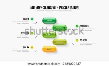 Digital Introduction Five Option Diagram Slide Template. Product Growth 5 Step Infographic Slideshow Design. Service Profile Presentation Layout Vector Illustration.
