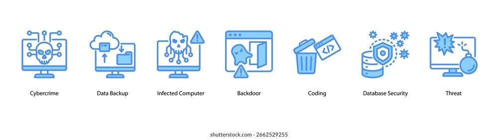 Ilustración vectorial de íconos de Anuncio de Web de intrusión digital con ciberdelito, copia de seguridad de datos, computadora infectada, puerta trasera, codificación, seguridad de bases de datos y amenaza.