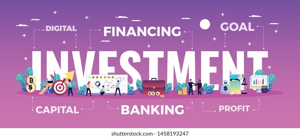 Digital investment composition with text cloud of tags symbols and colourful conceptual images with human characters vector illustration