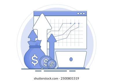 Digital investment concept, Financial success, Business profits and income, Online financial strategies, Making money online, Financial data reports. Vector illustration on background.
