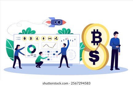 Digital investment concept with people analyzing cryptocurrency price movement on a large computer screen with bitcoin icon. Vector illustration for finance, trading, monitoring system, and investment