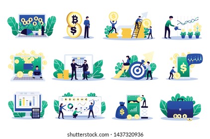 Digital investment set of isolated conceptual images with coins screens signs and symbols with human characters vector illustration