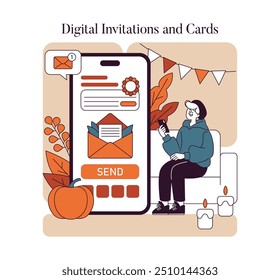 Convites Digitais e Conceito de cartões. Uma pessoa cria um e-card festivo em seu telefone em meio à decoração do outono. Ilustração vetorial.