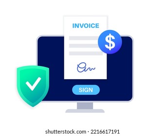 Digital invoice template. Electronic technology in business. Financial document with text, stamp, seal and signature. Payment mockup, notary confirmation. Billing statement flat vector illustration