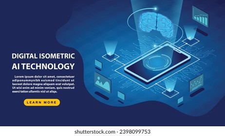 Digital isometric AI technology on blue background, Artificial Intelligence banner, Deep machine learning AI.