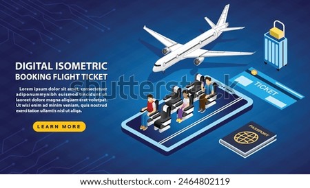 Digital isometric booking flight ticket on blue background.