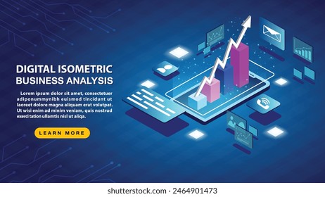 Digital isometric Business Analysis on blue background.