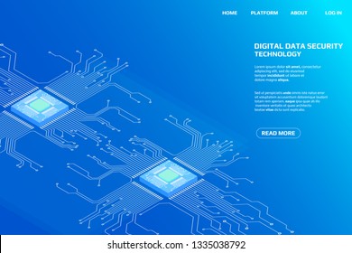 Digital Isometric CPU Microprocessor UI Security Storage System Data Access Protection Gadgets.Abstract Scifi Authentication Futuristic Circuit Board Panel Element Illustration Background.