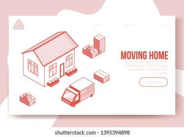 Digital isometric design concept scene of moving home helping app 3d icons.Isometric social business illustration-house,garden,truck car,package boxes,geo tag on landing page banner web online concept