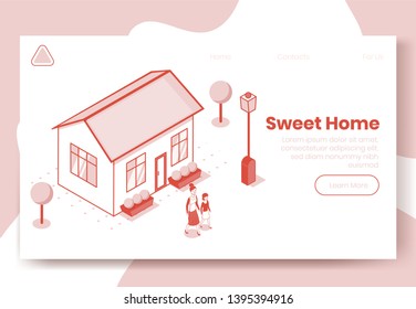 Digital isometric design concept scene of sweet home isometrics people and their house.Isometric social illustration-characters,building,garden,street lights on landing page banner web online concept