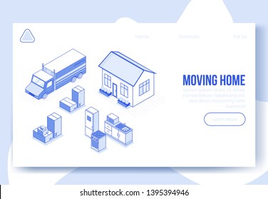 Digital isometric design concept scene of moving home helping app 3d icons.Isometric social business illustration-house,kitchen furniture,truck,package boxes on landing page banner web online concept