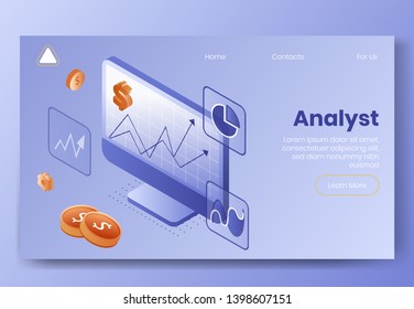 Digital isometric design concept scene of 3d icons for internet analyst app.Isometric financial business analysis infographics,graphs,cogwheel icon,diagram on landing page banner web online concept