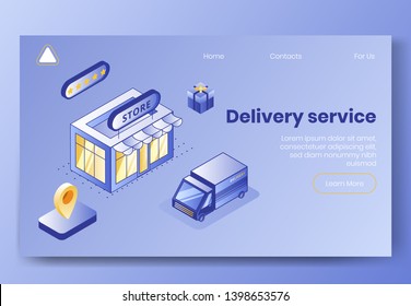 Digital isometric design concept scene of delivery service app 3d icons.Business finance symbols-isometric store,truck car,package boxes,geo tags,five stars on landing page banner web online concept