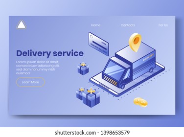 Digital isometric design concept scene of delivery service app 3d icons.Business finance symbols-isometric truck car,bank card,package boxes,geo tag on landing page banner web online concept