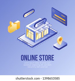 Digital isometric design concept scene of online store app 3d icons.Business finance symbols-Isometric store shop,bank card,five stars,geo tag,thumb up icons on landing page banner web online concept