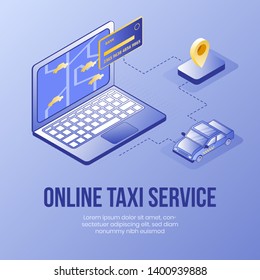 Digital isometric design concept scene of online taxi booking service app 3d icons.Isometric business finance symbols-taxi car,bank card,laptop,geo tag on landing page banner web online concept