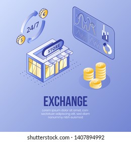 Digital isometric design concept scene of financial foreign exchange app 3d icons.Isometric business financial symbols-diagrams,euro dollar coins,store shop on landing page banner web online concept