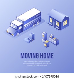 Digital isometric design concept scene of moving home helping app 3d icons.Business social illustration-isometric house,kitchen,truck car,package boxes on landing page banner web online concept