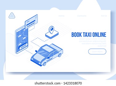 Digital isometric design concept scene of online taxi booking service app 3d icons.Isometric business finance symbols-taxi car,bank card,mobile phone,geo tag on landing page banner web online concept